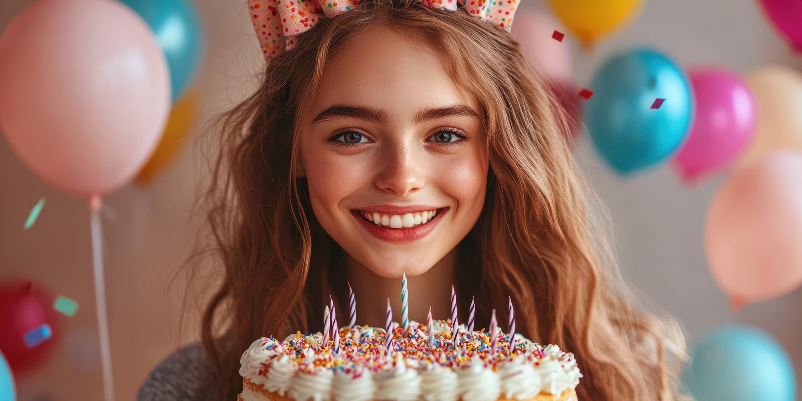 Girl celebrating her birthday with colorful balloons and a delicious cake adorned with candles